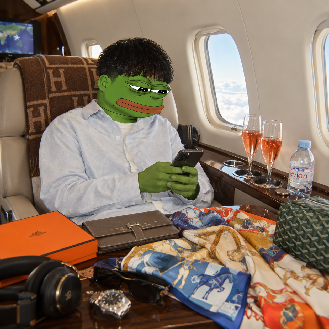 Pepchi studying his phone in the cabin